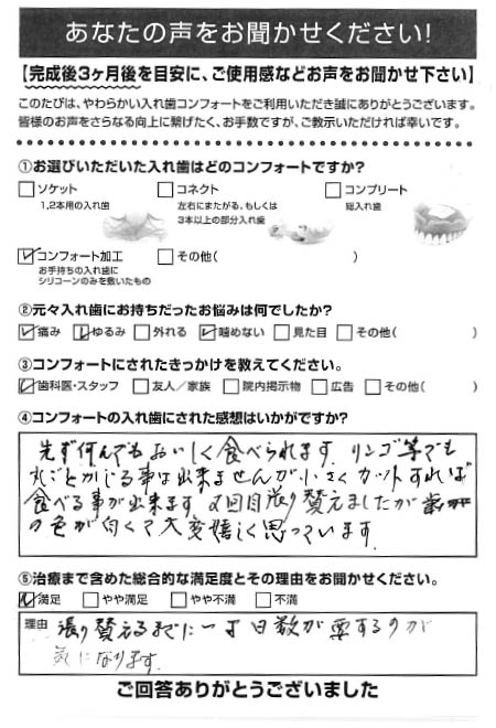 コンフォート加工ご利用者様（80代・女性）アンケート