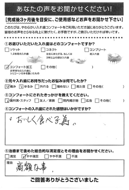 コンフォート加工ご利用者様（70代・男性）アンケート