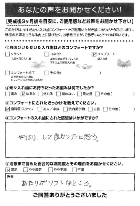 コンプリートご利用者様（80代・男性）アンケート