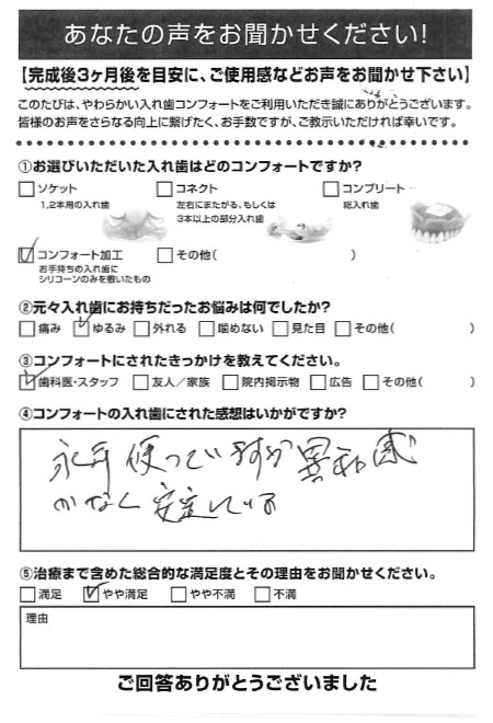 コンフォート加工ご利用者様（80代・男性）アンケート