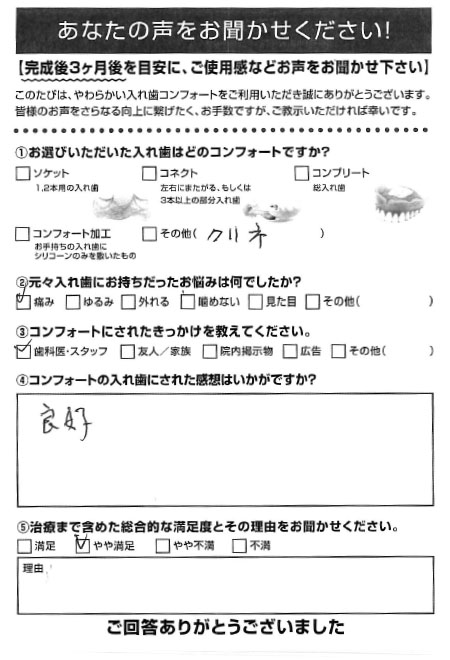 コンフォート加工ご利用者様（80代・男性）アンケート