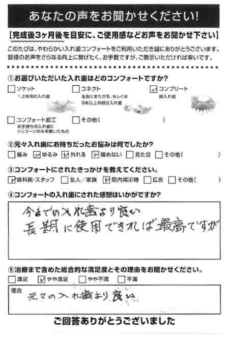 コンプリートご利用者様（70代・男性）アンケート