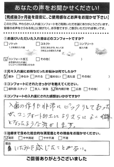 コンフォート加工ご利用者様（80代・男性）アンケート