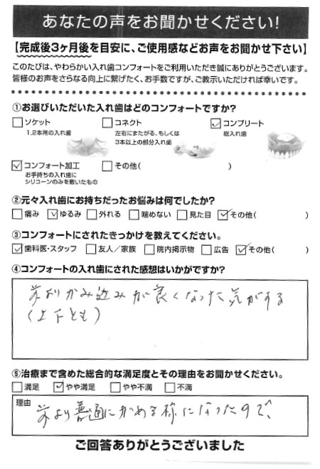 コンプリートご利用者様（80代・ 女性）アンケート