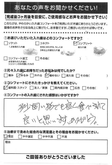 コンプリートご利用者様（80代・男性）アンケート