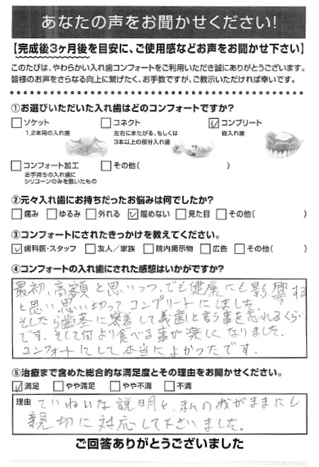 コンプリートご利用者様（70代・女性）アンケート