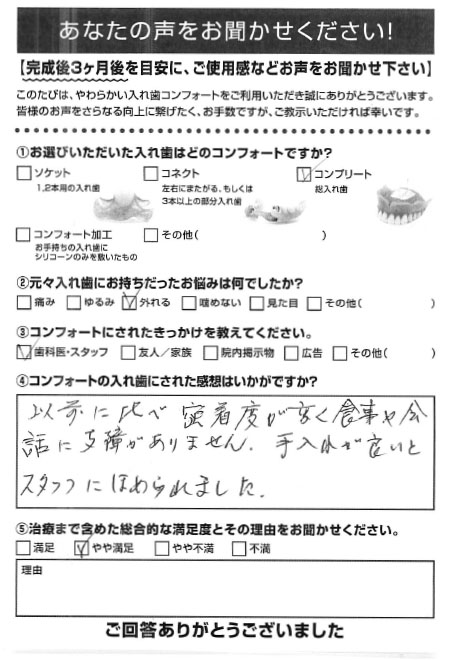 コンプリートご利用者様（80代・女性）アンケート