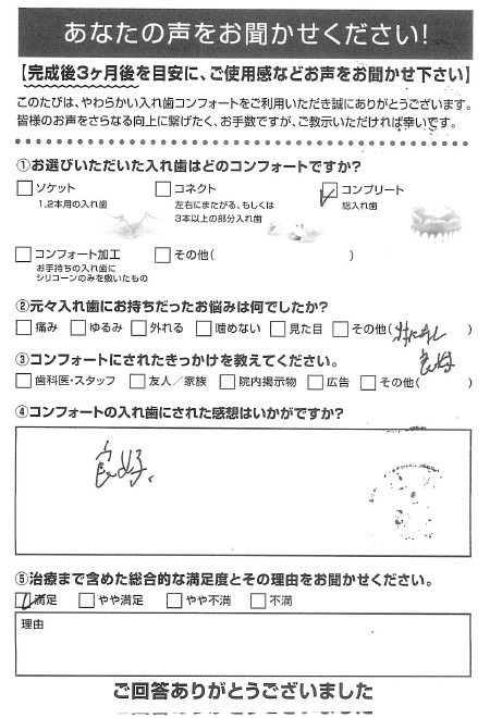 コンプリートご利用者様（80代・男性）アンケート