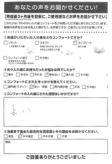 コンプリートご利用者様（70代・女性）アンケート