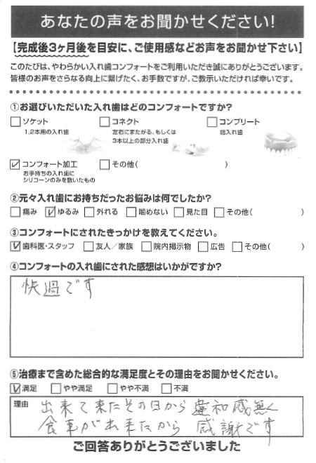 コンフォート加工ご利用者様（80代・女性）アンケート