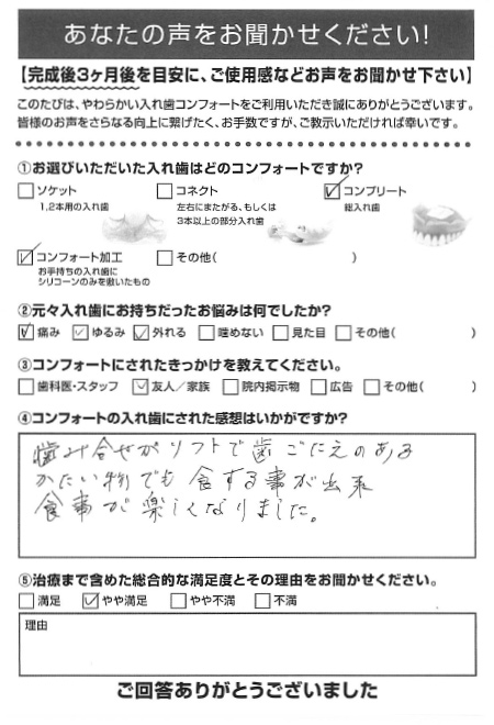 コンプリート／コンフォート加工ご利用者様（70代・女性）アンケート