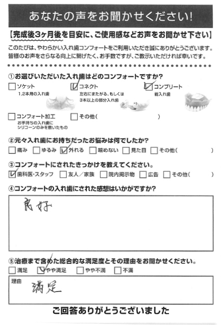 コネクト／コンプリートご利用者様（70代・男性）アンケート