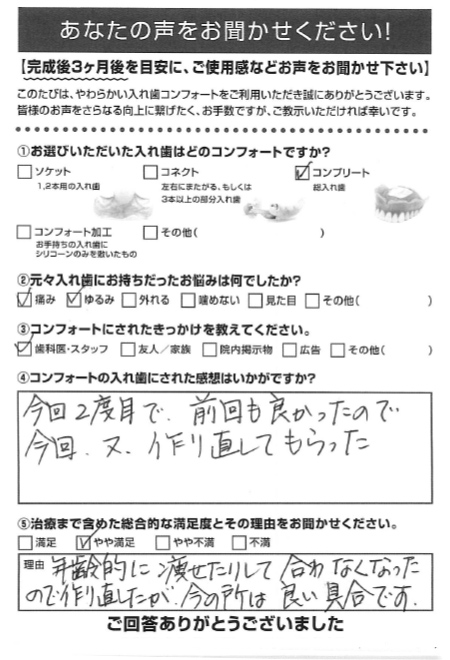 コンプリートご利用者様（90代・女性）アンケート