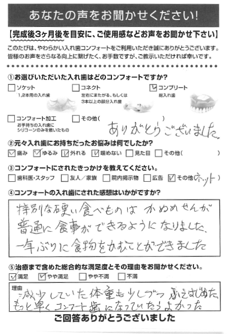 コンプリートご利用者様（80代・男性）アンケート