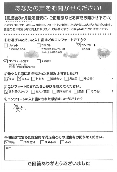 コンフォート加工ご利用者様（80代・男性）アンケート