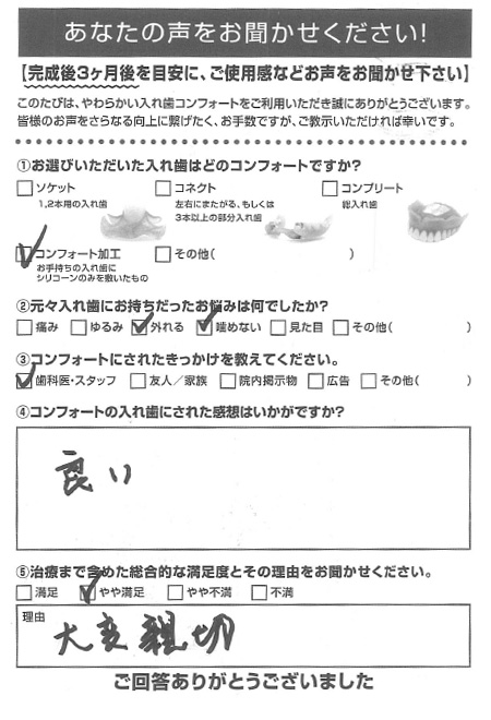 コンフォート加工ご利用者様（70代・男性）アンケート