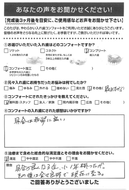 コンプリートご利用者様（80代・男性）アンケート