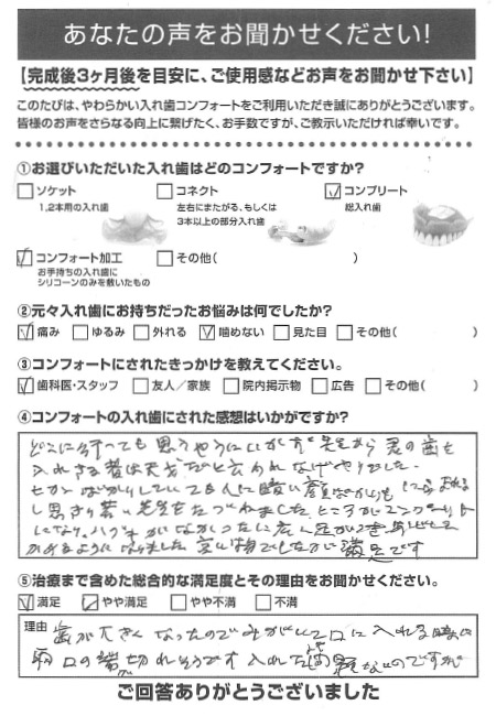 コンフォート加工ご利用者様（80代・女性）アンケート