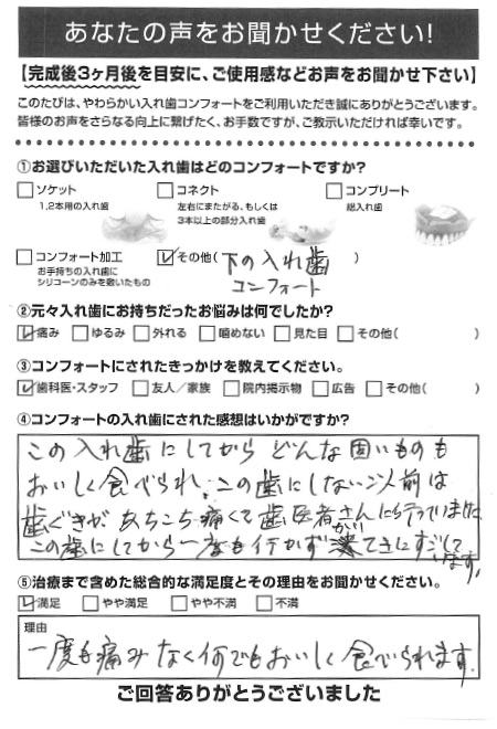 コンフォート加工ご利用者様（80代・女性）アンケート