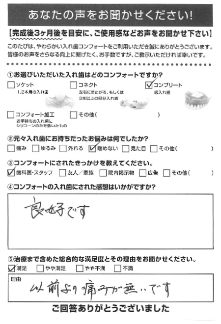 コンプリートご利用者様（80代・男性）アンケート