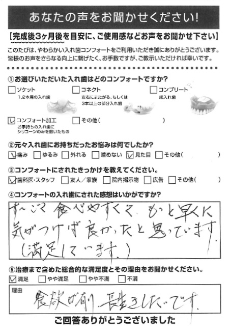 コンフォート加工ご利用者様（80代・女性）アンケート