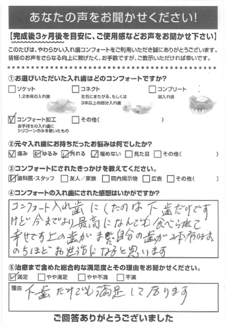 コンフォート加工ご利用者様（70代・女性）アンケート