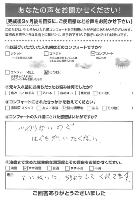 コンプリートご利用者様（70代・女性）アンケート