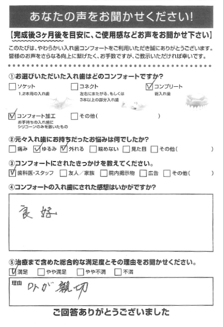 コンプリートご利用者様（70代・男性）アンケート