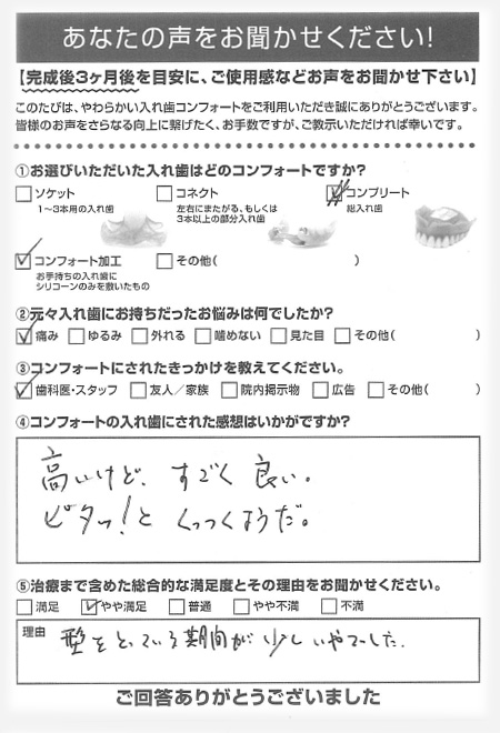 コンフォート加工ご利用者様（80代・女性）アンケート