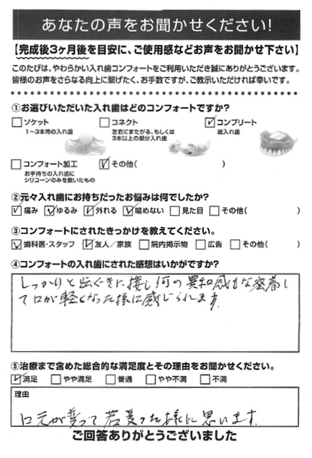 コンフォート加工ご利用者様（80代・女性）アンケート