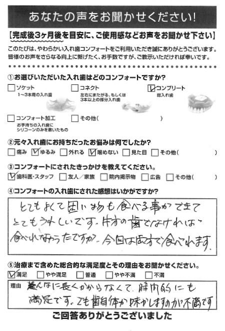 コンプリートご利用者様（70代・女性）アンケート