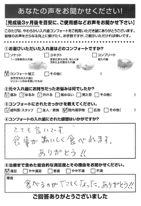 コンフォート加工ご利用者様（80代・女性）アンケート