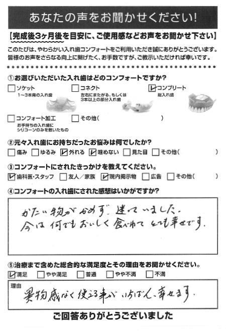 コンプリートご利用者様（70代・女性）アンケート