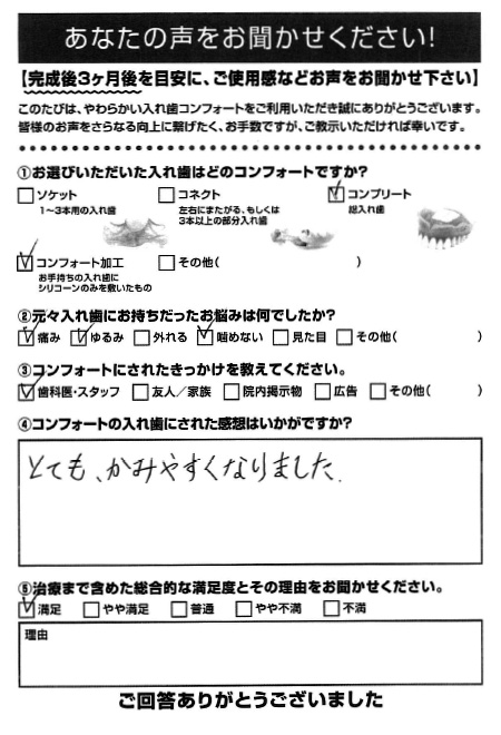 コンフォート加工ご利用者様（80代・男性）アンケート