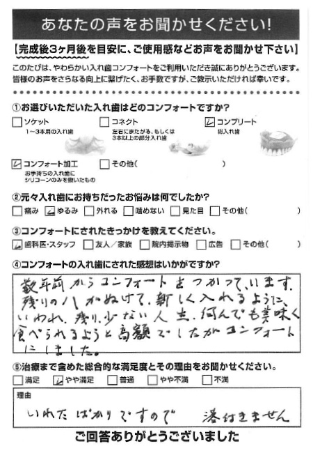 コンフォート加工ご利用者様（80代・女性）アンケート