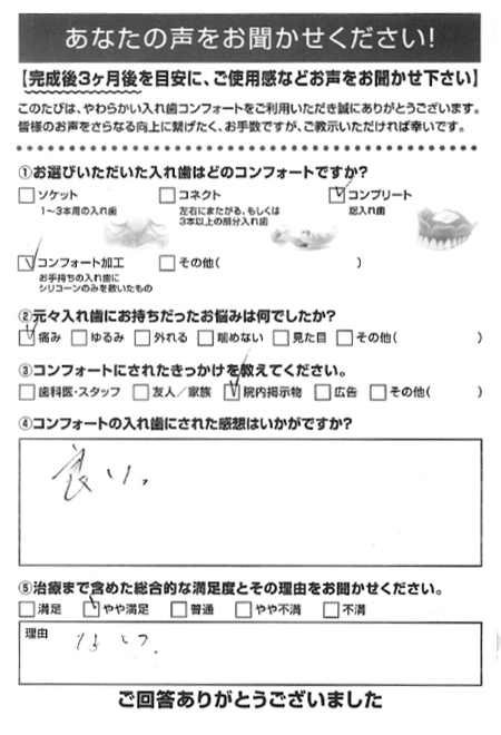 コンフォート加工ご利用者様（80代・男性）アンケート