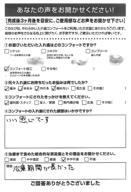 コンフォート加工ご利用者様（60代・男性）アンケート