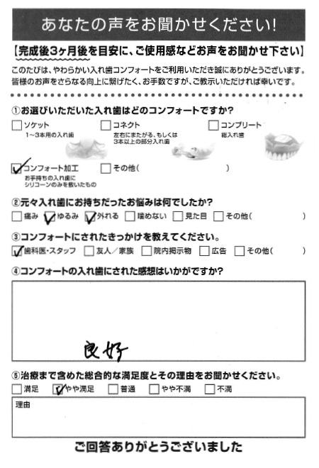 コンフォート加工ご利用者様（80代・女性）アンケート